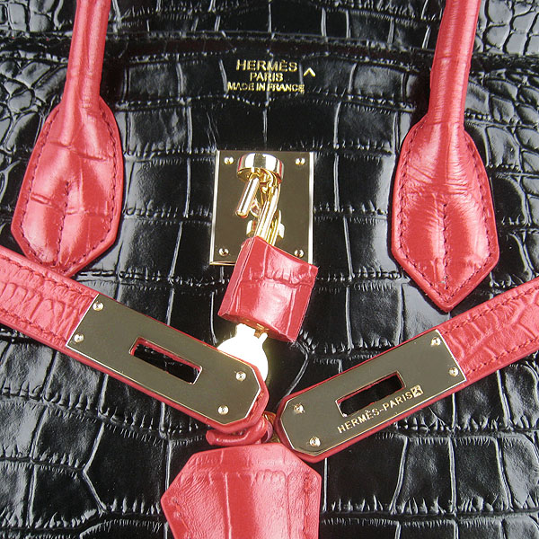 High Quality Fake Hermes Birkin 35CM Crocodile Veins Leather Bag Black/Red 6089